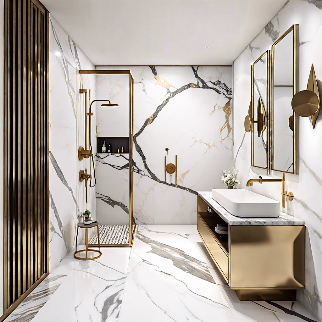 floor to ceiling marble with minimalist brass fixtures