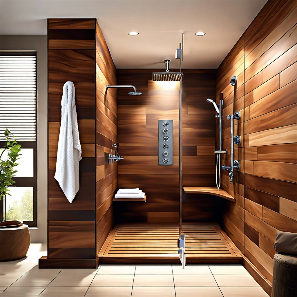 floor to ceiling wood tile in a steam shower