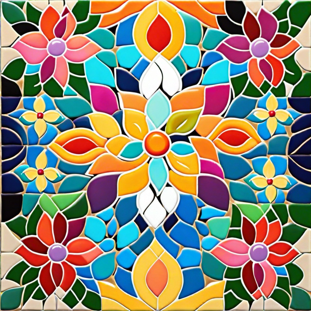 floral patterns brightly colored tiles forming large blooming flowers