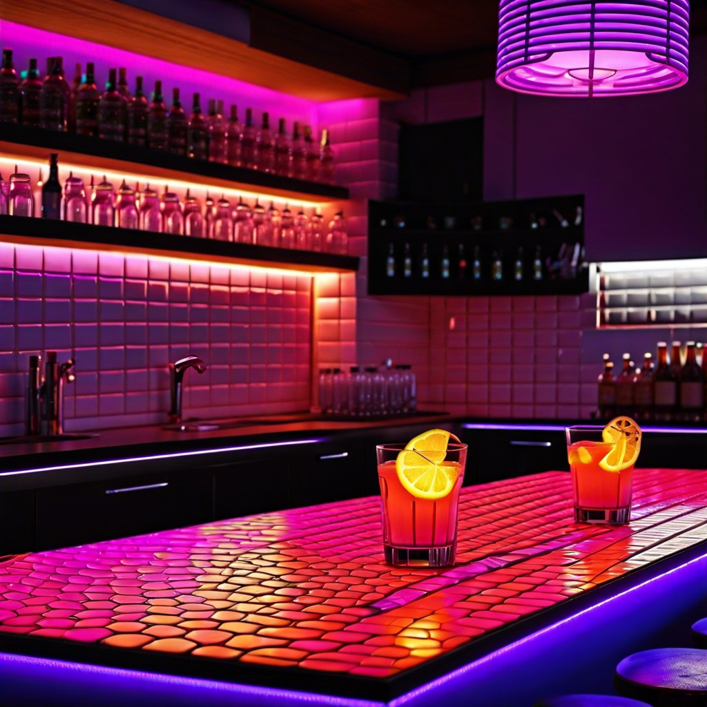 fluorescent tiles that glow under uv light for a funky bar countertop