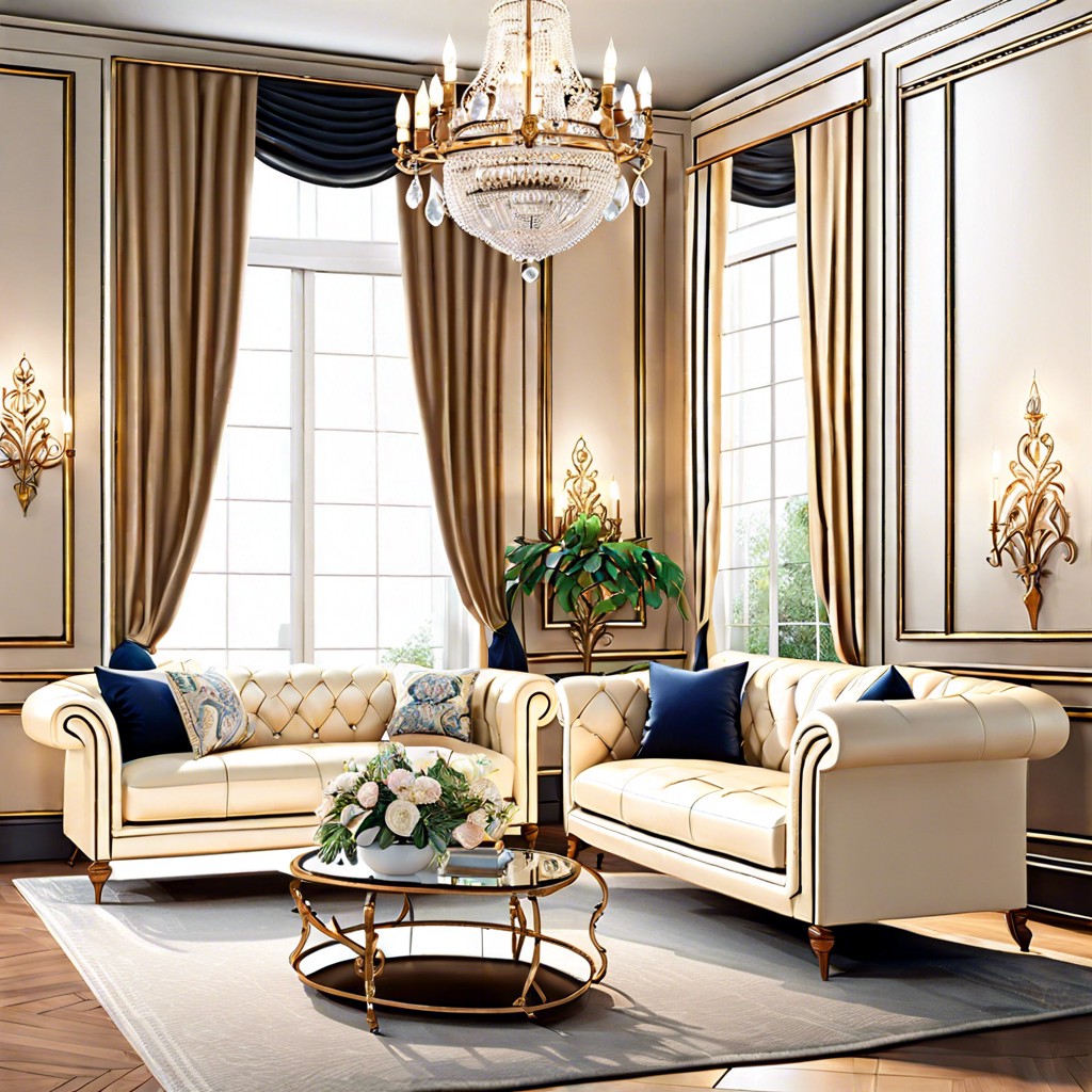 formal elegance crystal chandelier silk cushions and ornate mirror