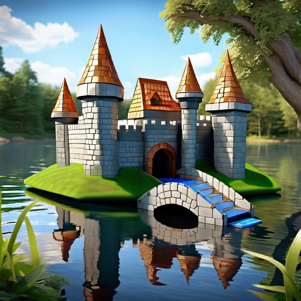 fortified castle with moat and boathouse