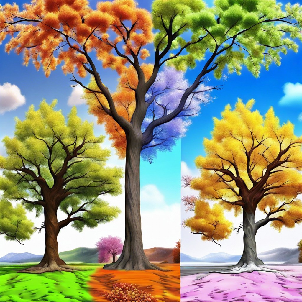 four seasons tree changes from winter to fall with temperature shifts