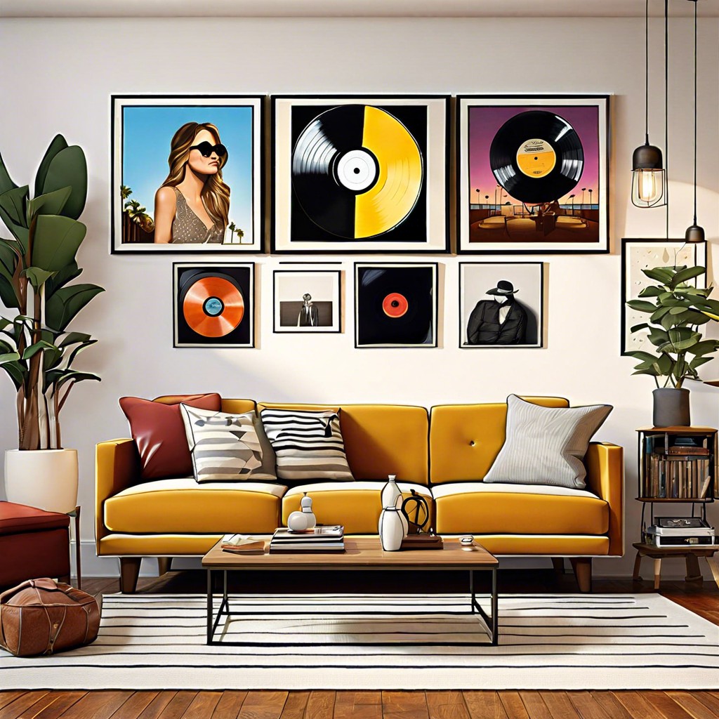 framed record albums or concert posters