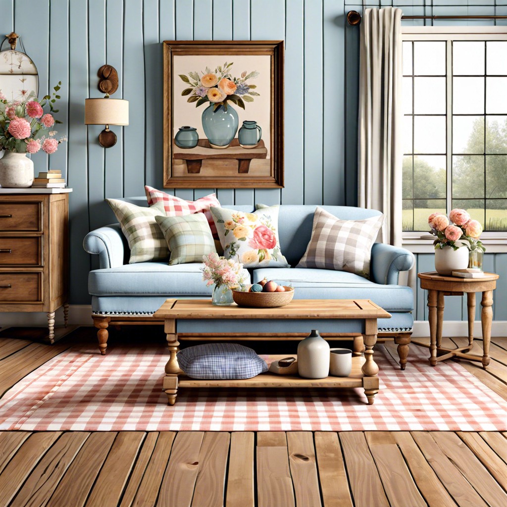 french country match a light blue couch with floral and gingham patterns rustic wood and vintage pieces