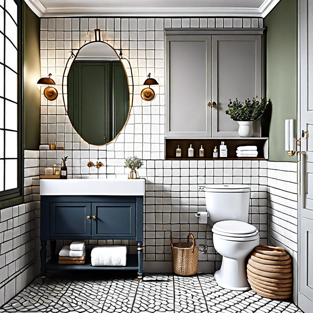 french country soft white tiles with floral patterns and antique wooden elements