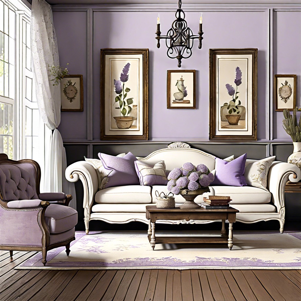 french country with an antique white sofa distressed decor and soft lavender touches