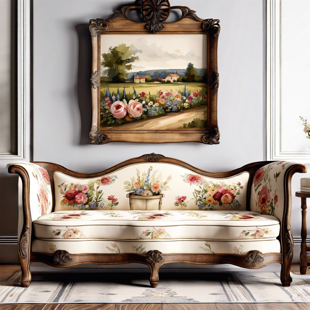 french country with floral patterns and a distressed wood frame