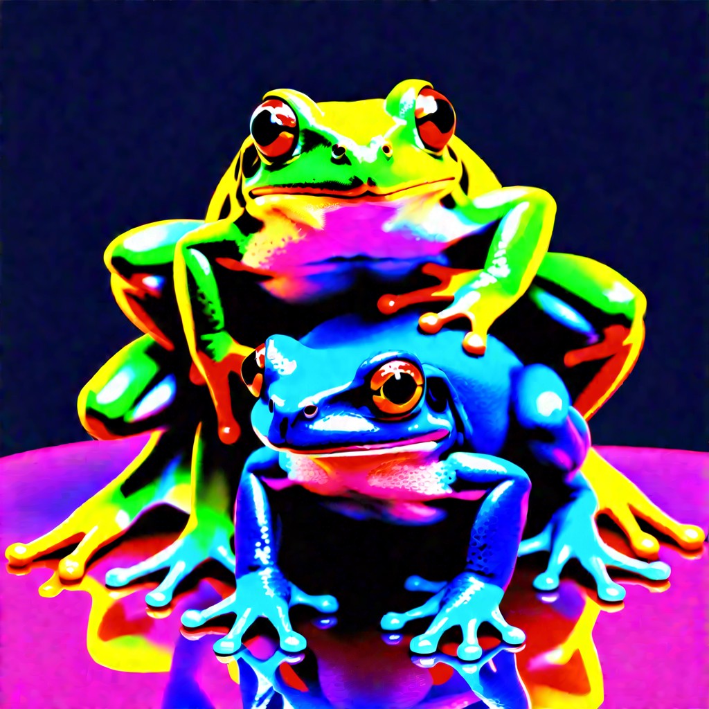 frogs playing leapfrog each painted in bright neon colors