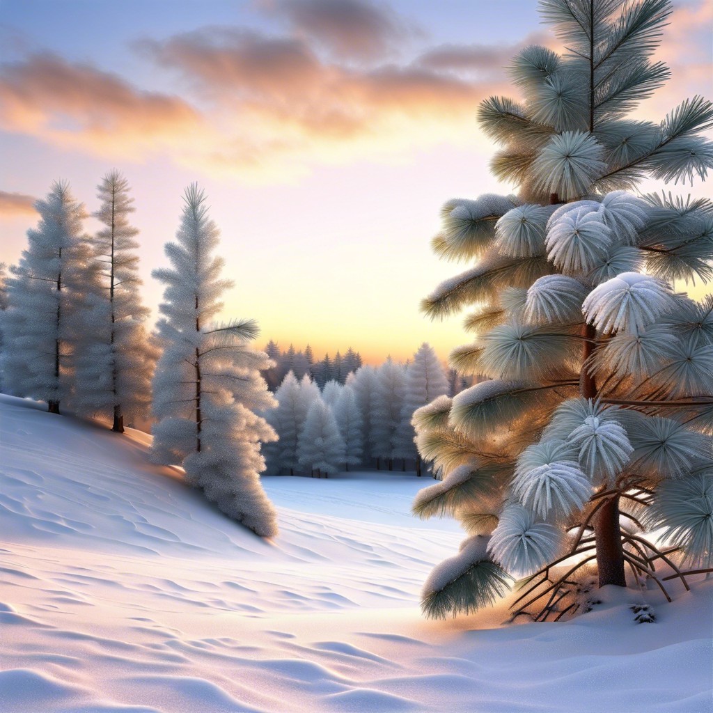 frosted pine snow dusted pine trees in a tranquil winter scene