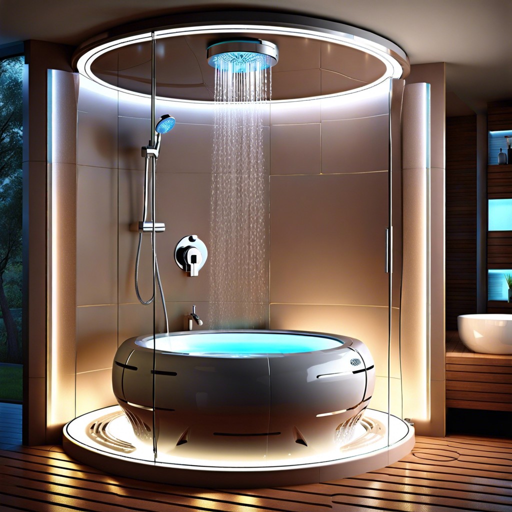 futuristic pod with a round tub in the center of a circular led lit shower room