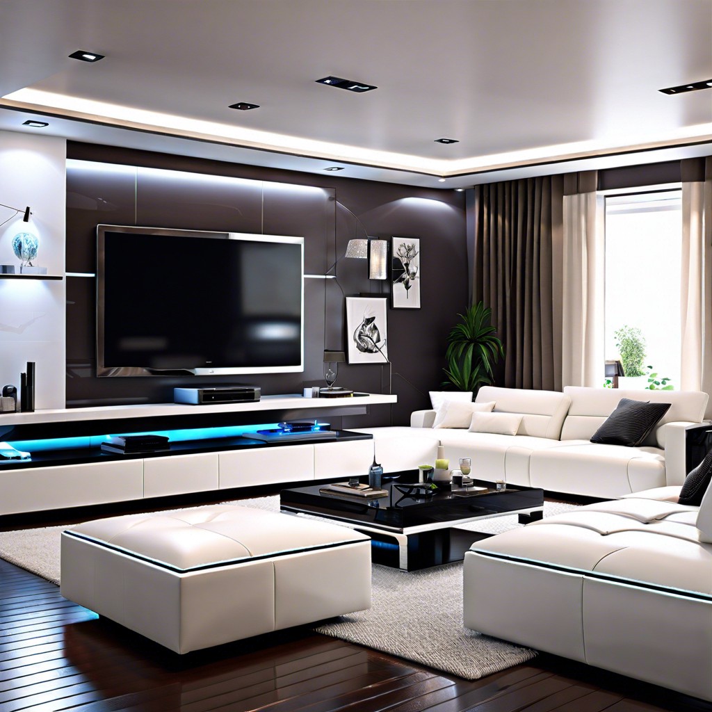 futuristic touch integrate high tech elements like smart lighting and minimalist media units for a modern setup