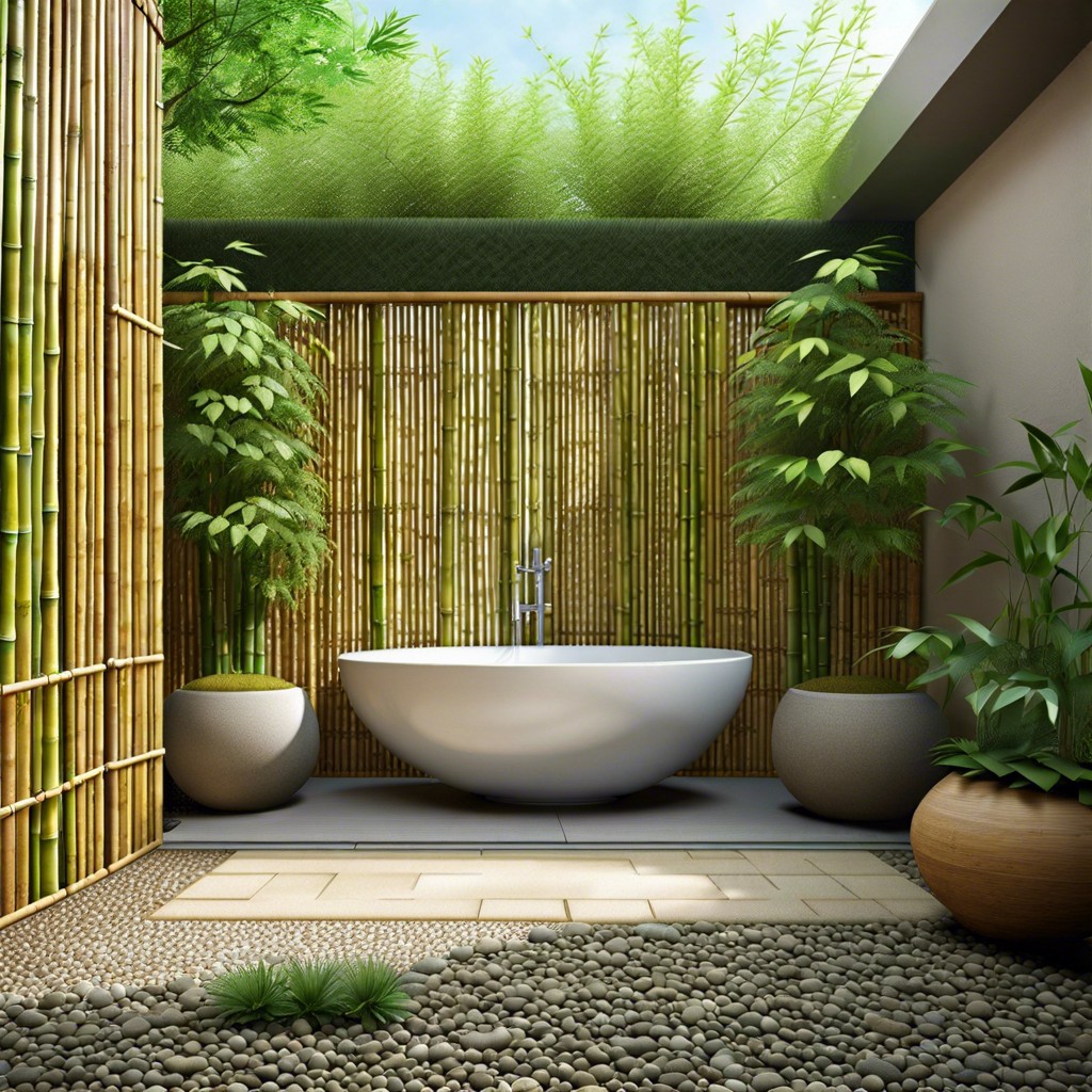 garden shower with bamboo screens and pebbled floor