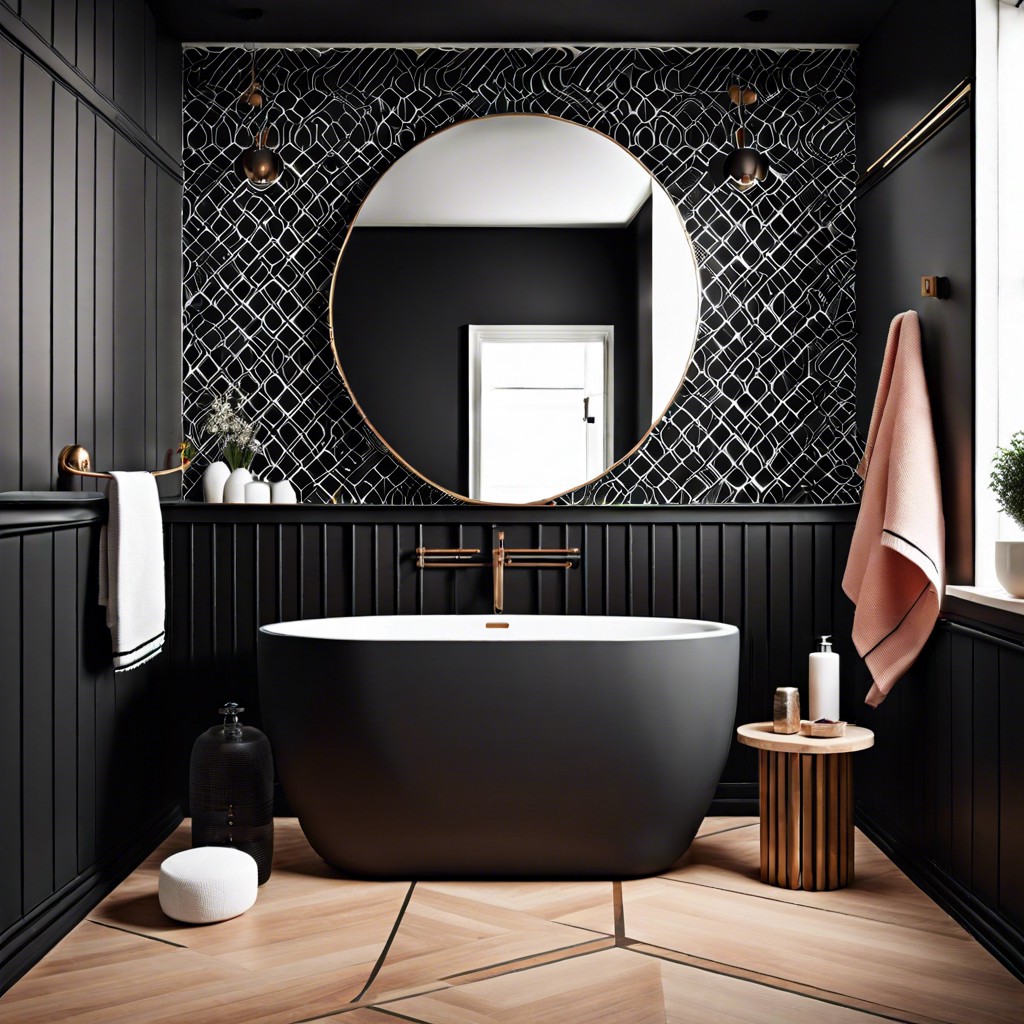 geometric black tiles combined with a bold wallpaper accent wall