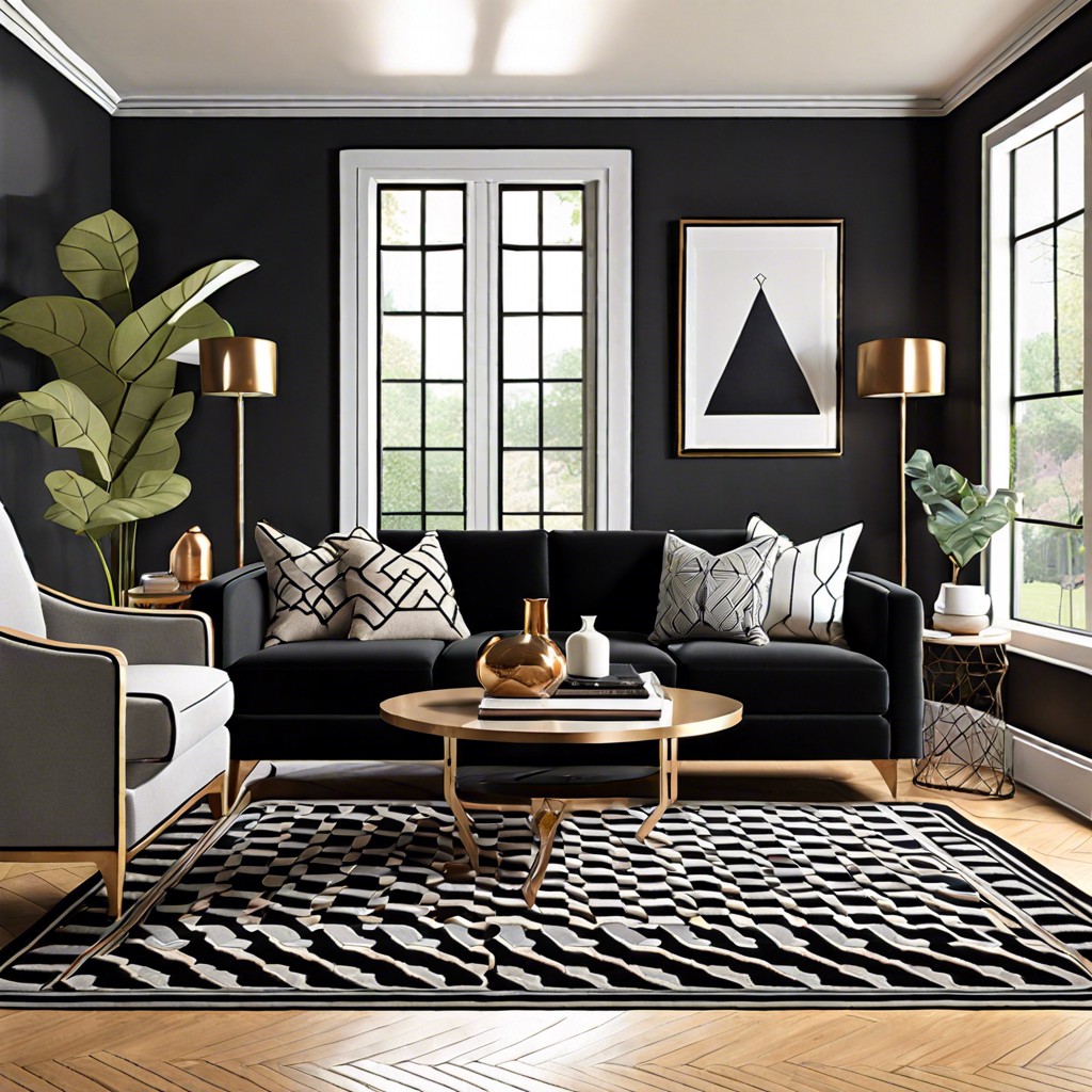 geometric patterns black velvet sofa with geometric patterned rug and pillows