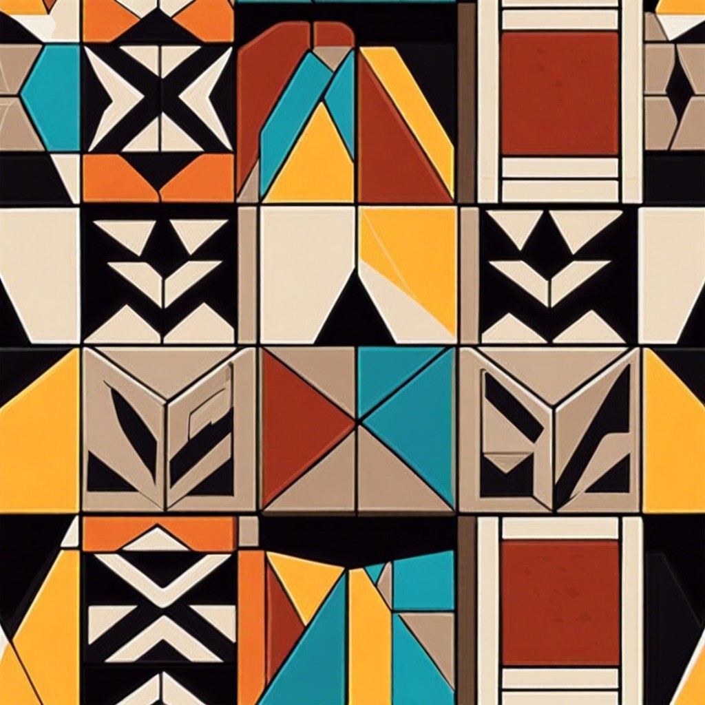 geometric patterns paint bold angular shapes across blocks