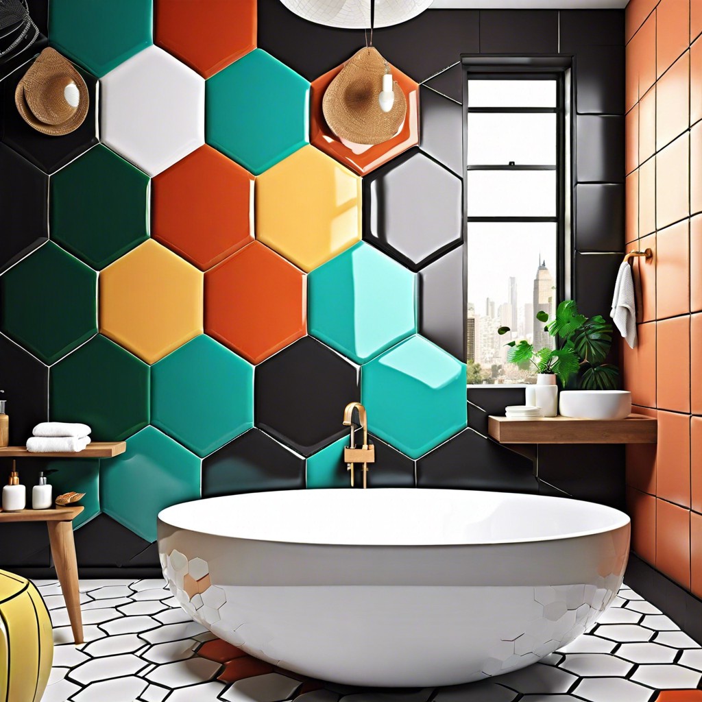 geometric play hexagon tiles in a random mosaic of bold bright colors