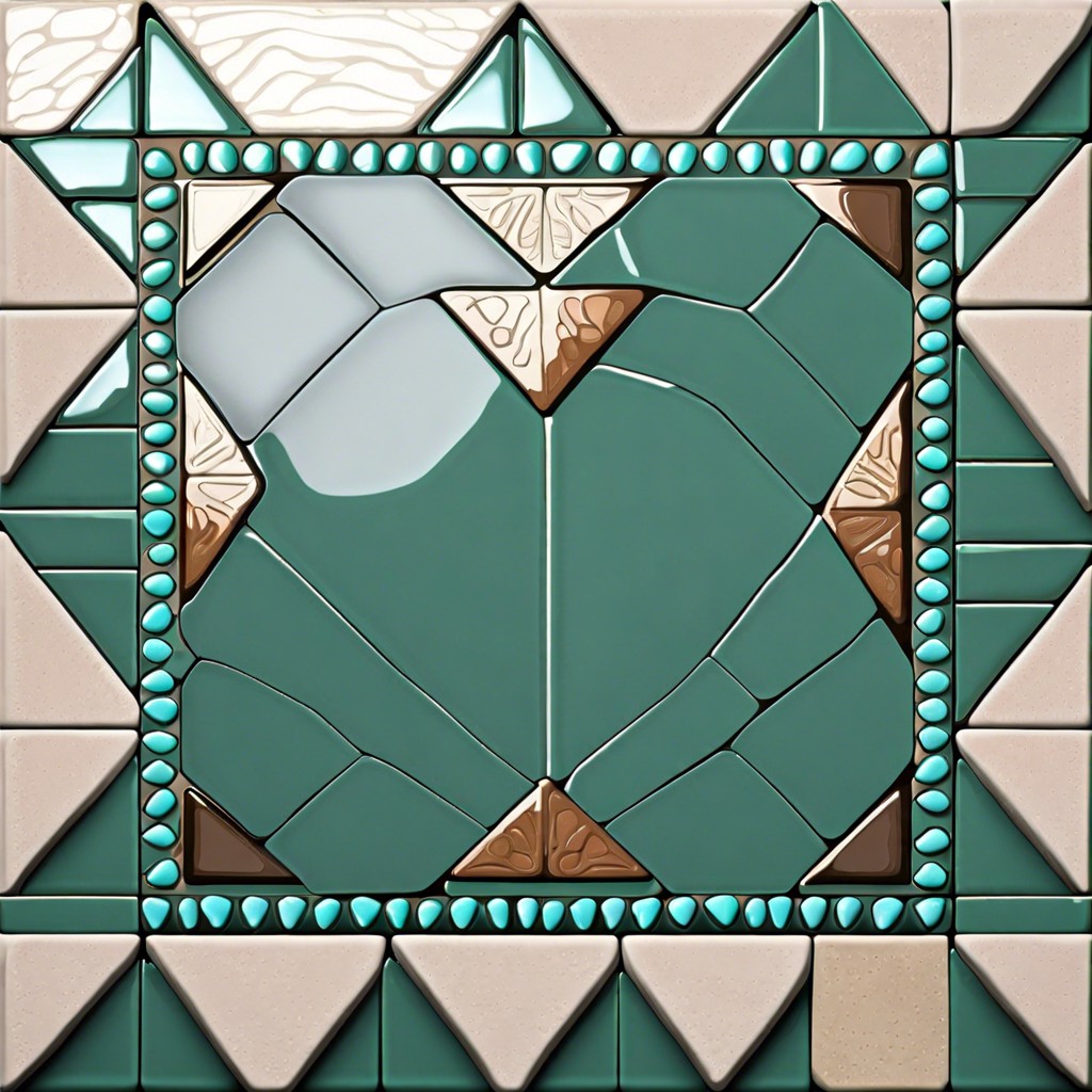 geometric tiles with a strip of pebble accent tiles