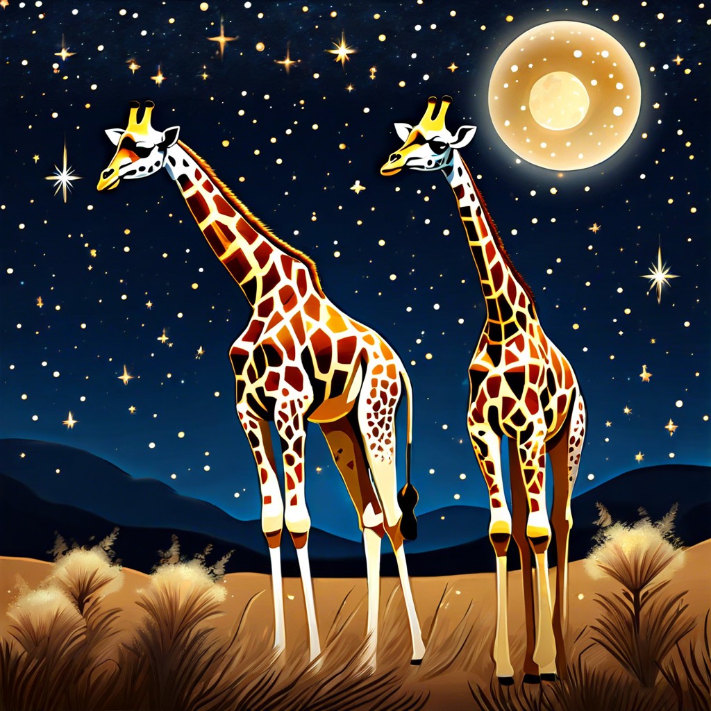 giraffes with necks stretching up into a starry night sky