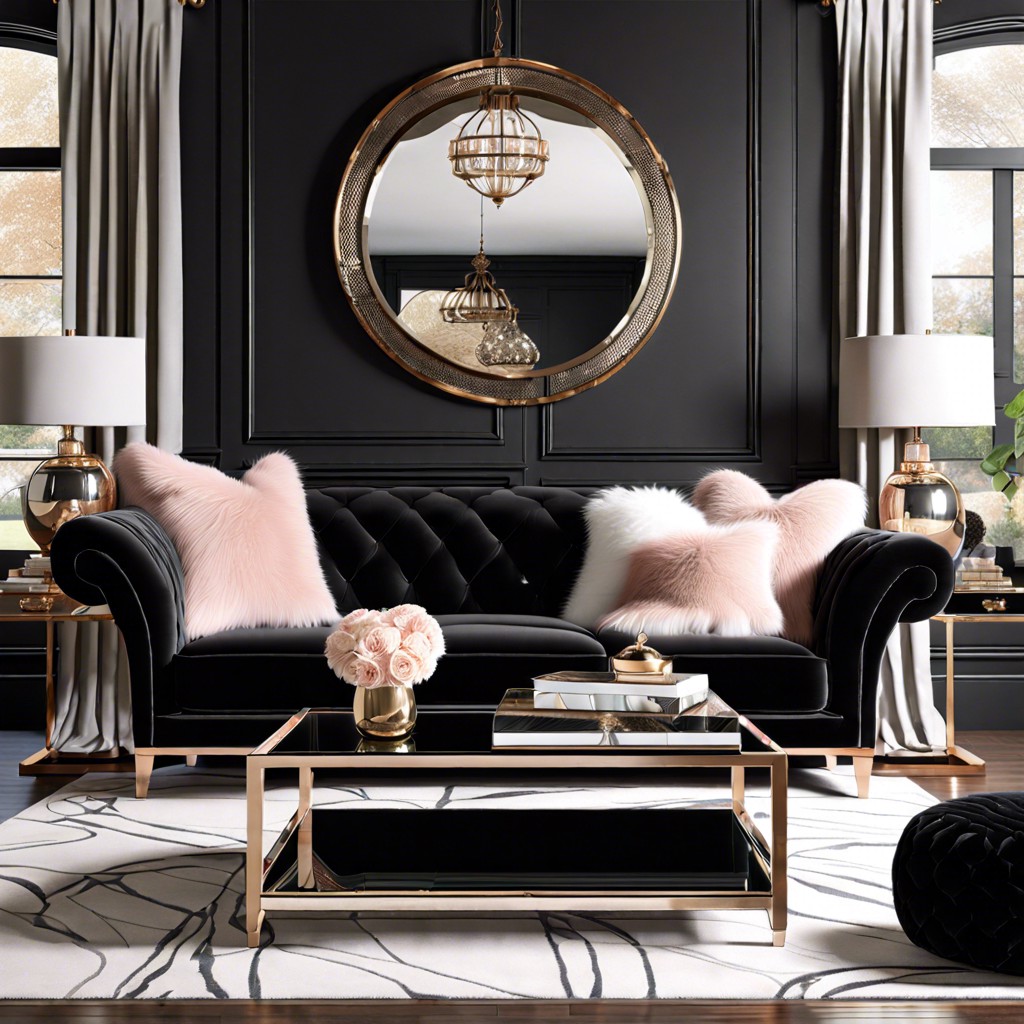 glamorous touch black velvet sofa with a mirrored coffee table and plush fur throw