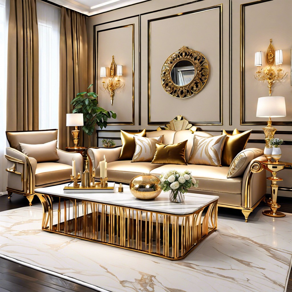 glamorous touch mix in satin pillows and brass decor elements