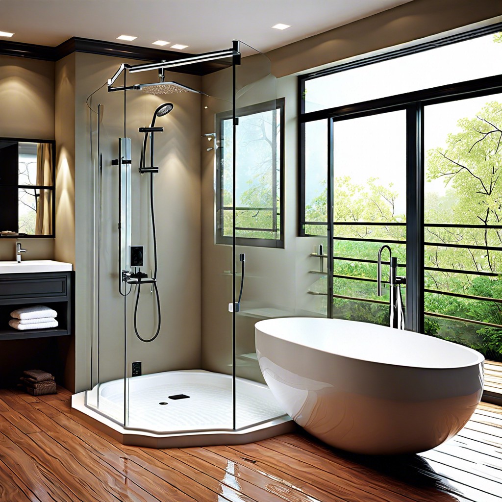 glass enclosed wet room combining a freestanding tub inside an expansive rainfall shower