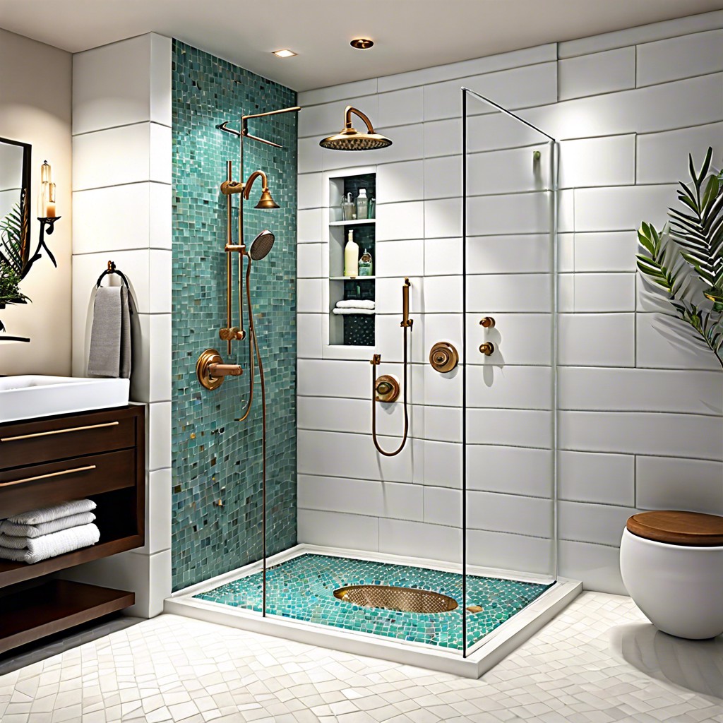 glass mosaic feature wall in a predominantly white tile shower