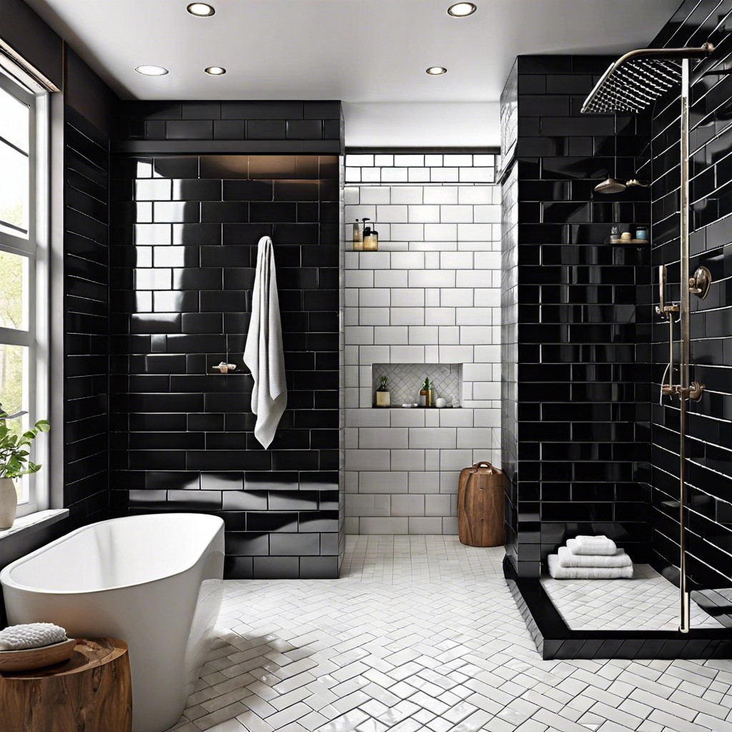 glazed black subway tiles with matte fixtures