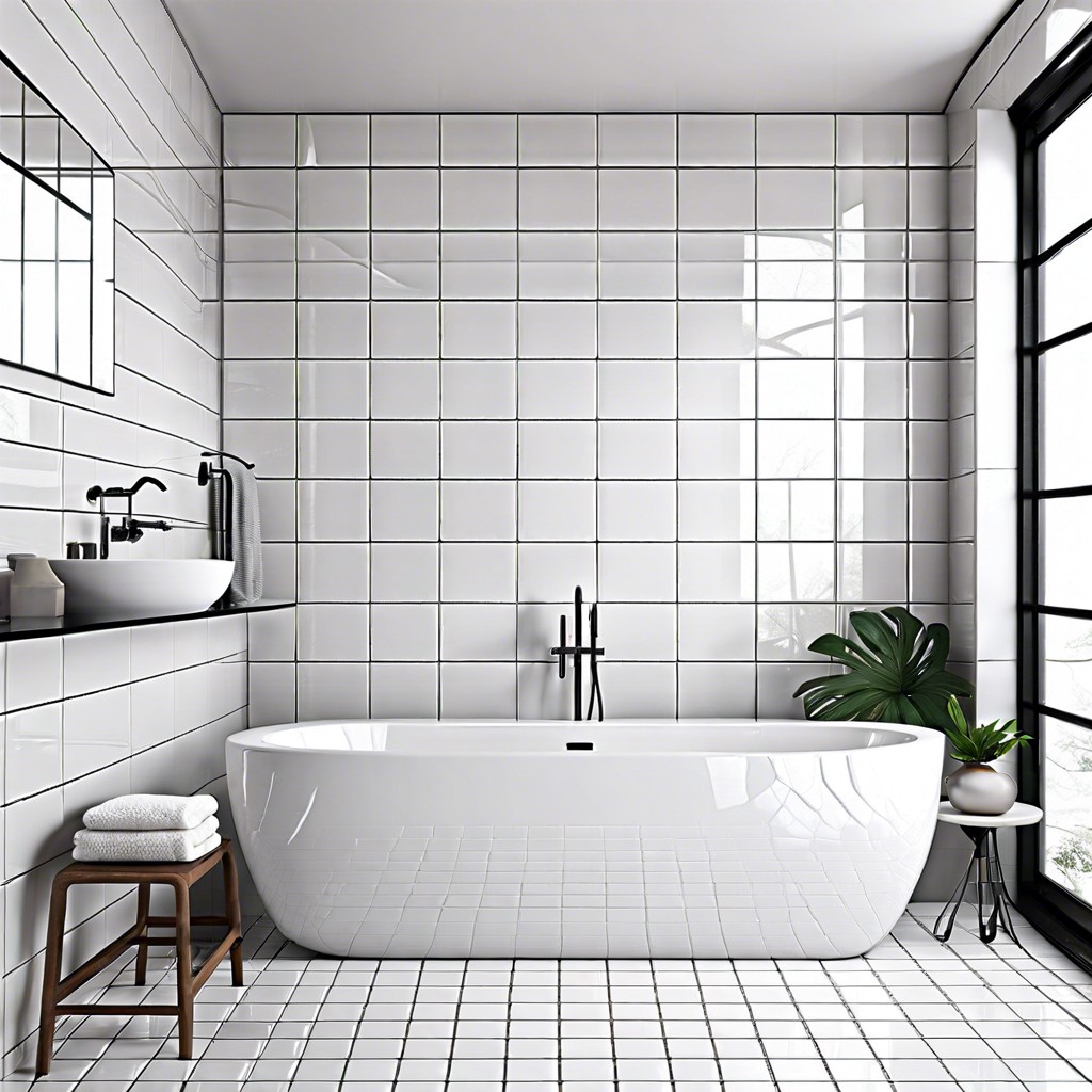 glossy all white tiles with black grout