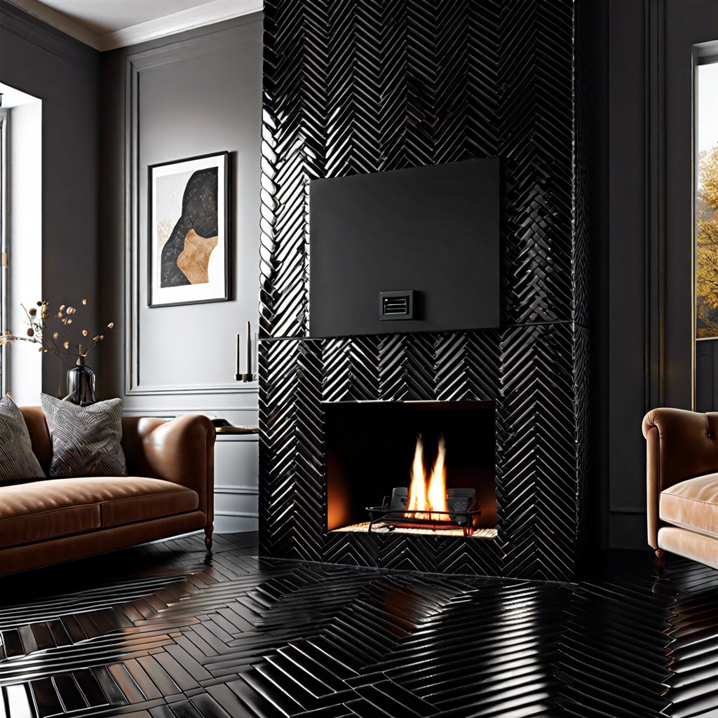 glossy black herringbone tiles