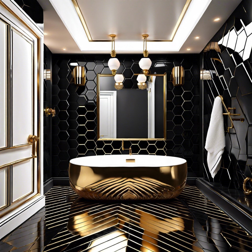 glossy black hexagons with brass fixtures for a luxurious feel