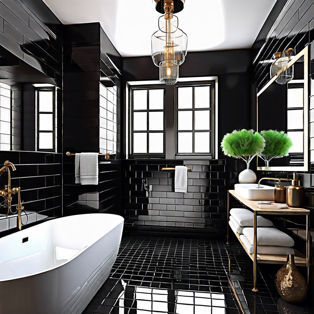 glossy black subway tiles with matte white accents