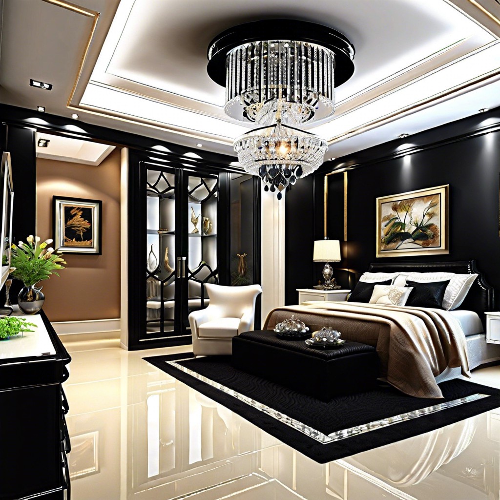 glossy black with crystal chandelier