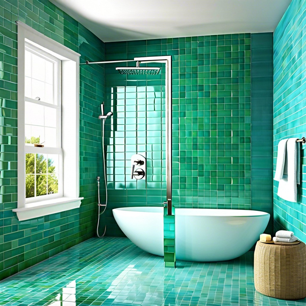 glossy glass tiles in ocean blues and greens