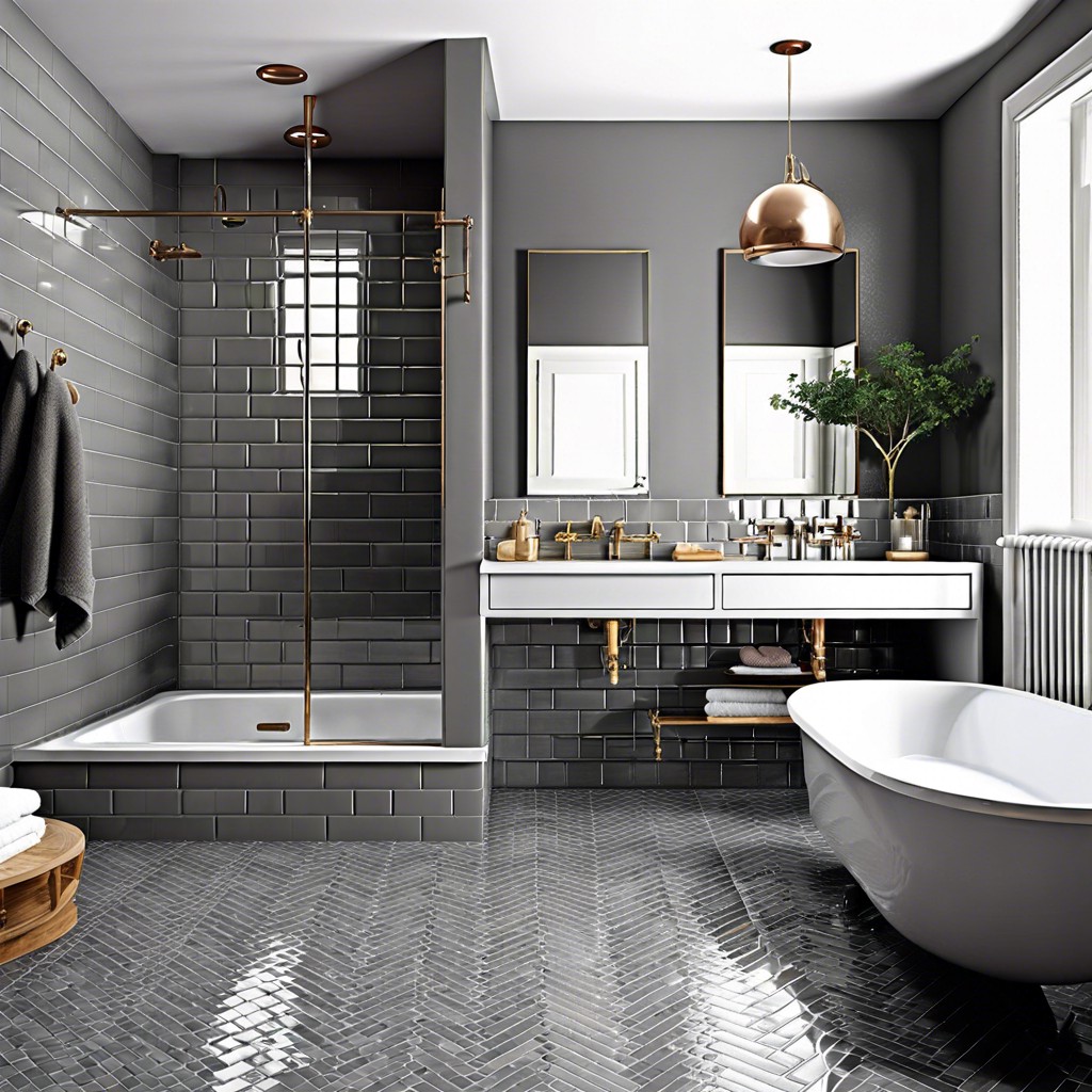 glossy gray subway tiles paired with a vibrant patterned floor