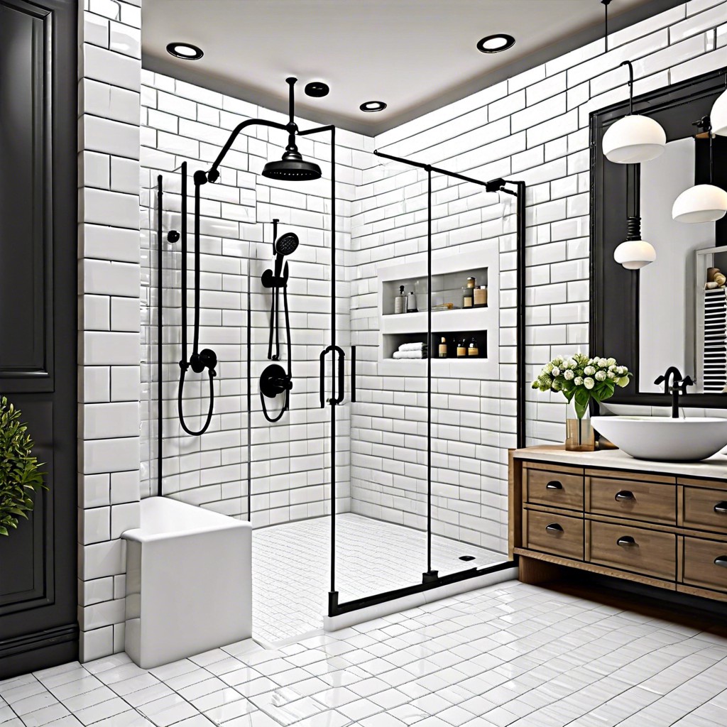 glossy subway tiles with contrasting black grout