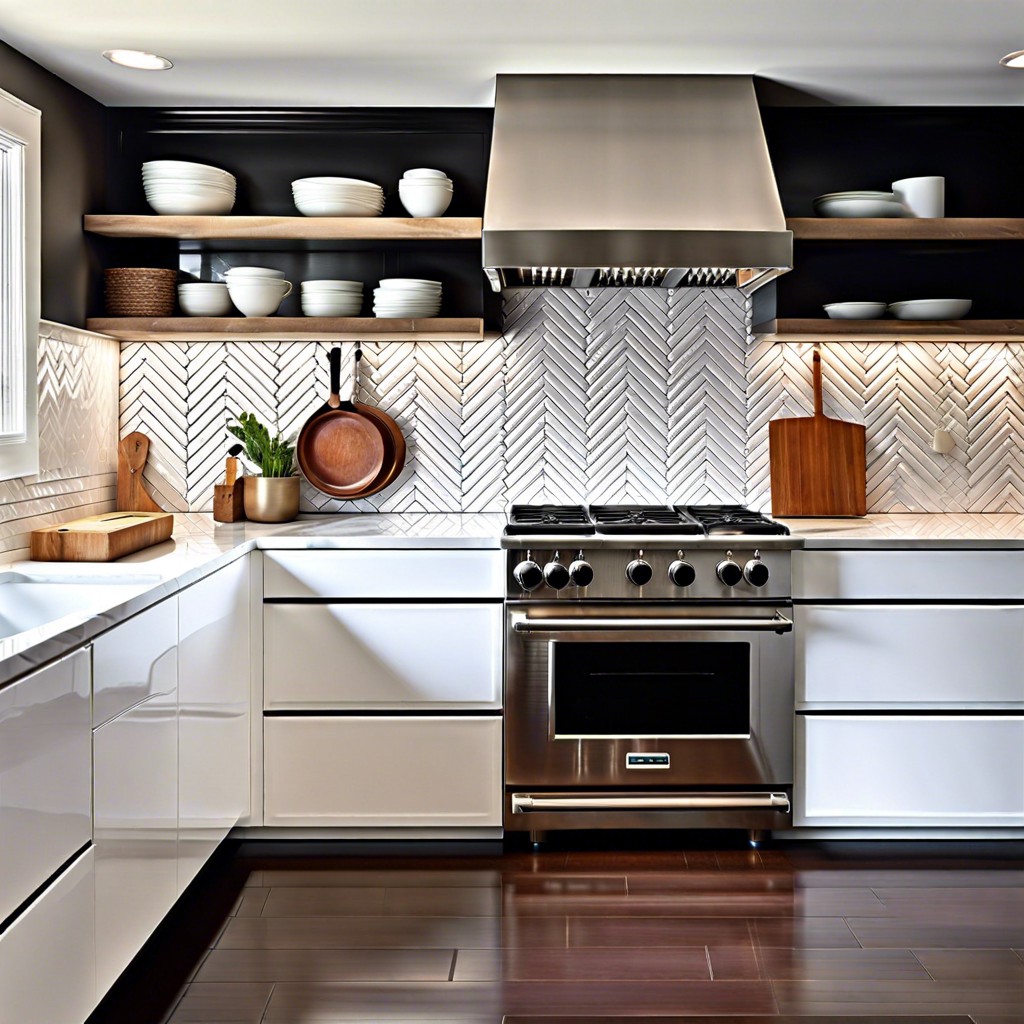 glossy white chevron tiles