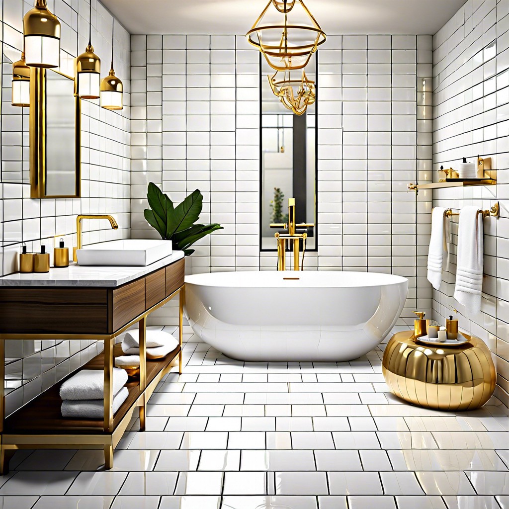 glossy white tiles with gold accents