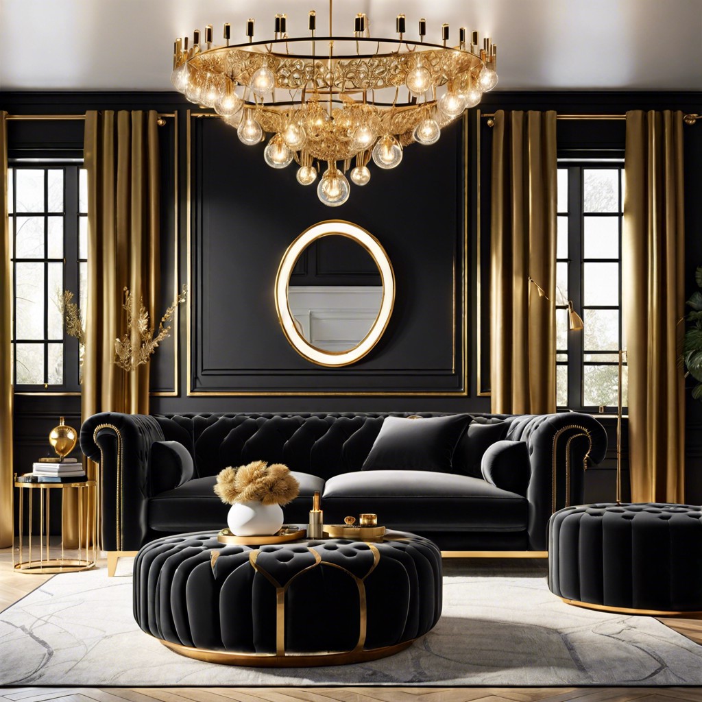 gold accents black velvet sofa with gold framed mirrors and gold lighting fixtures