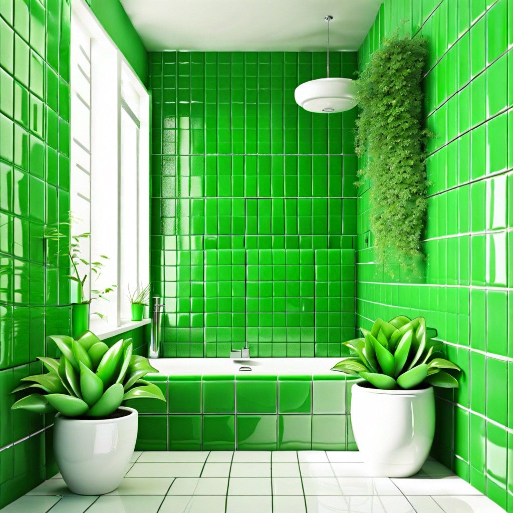 green ceramic tiles with potted plants