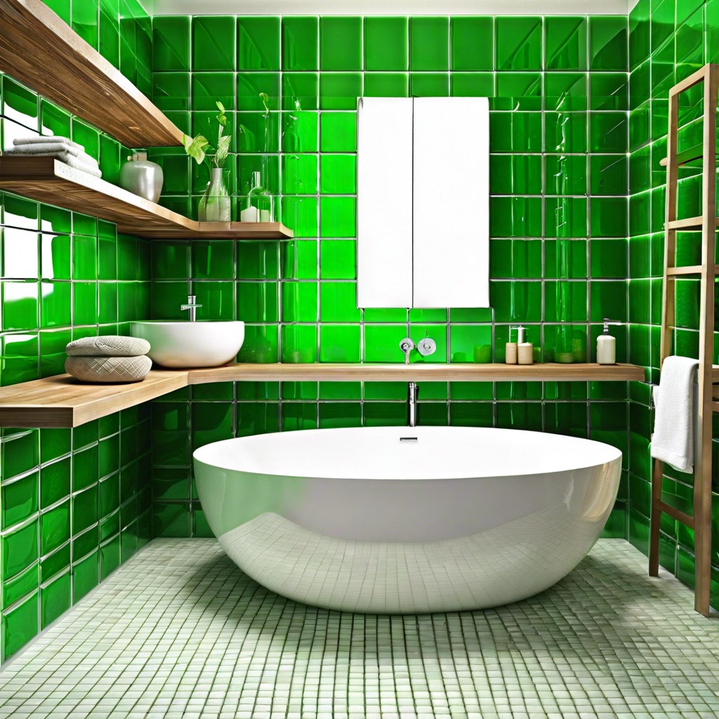 green glass tiles and open shelving