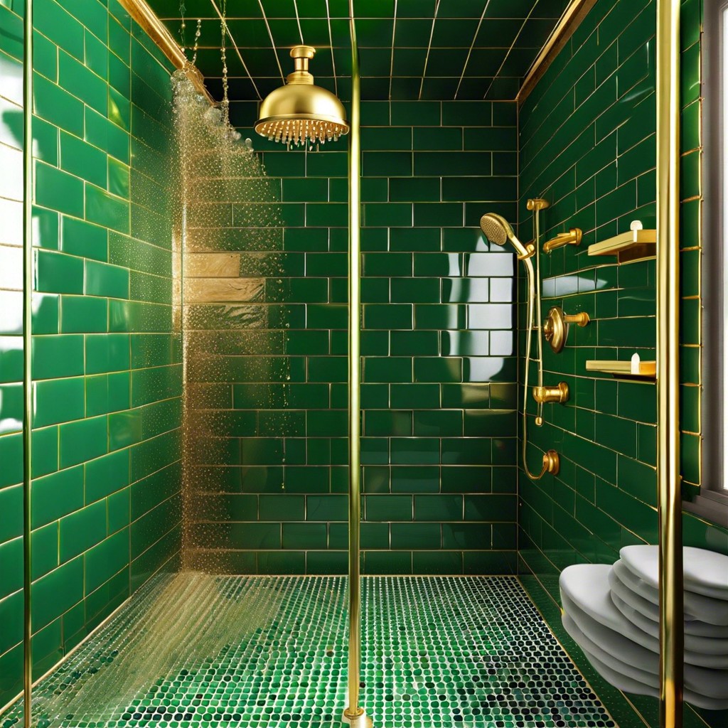 green penny tiles paired with gold accents