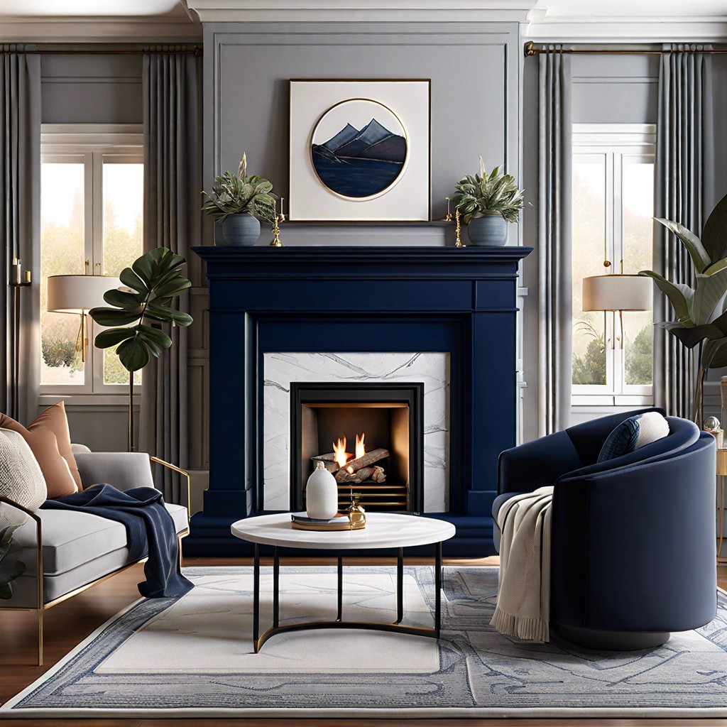 grey fireplace with navy blue mantel decor