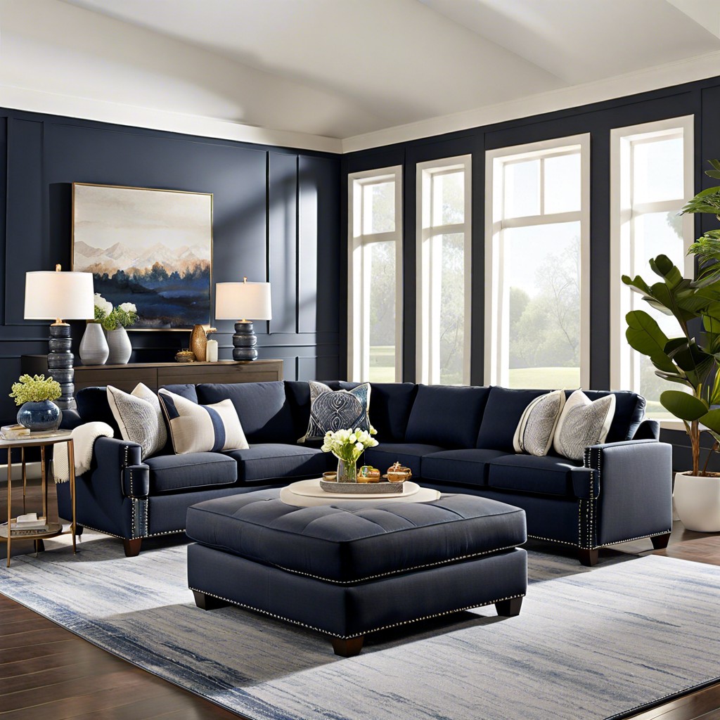 grey sectional with navy blue ottoman