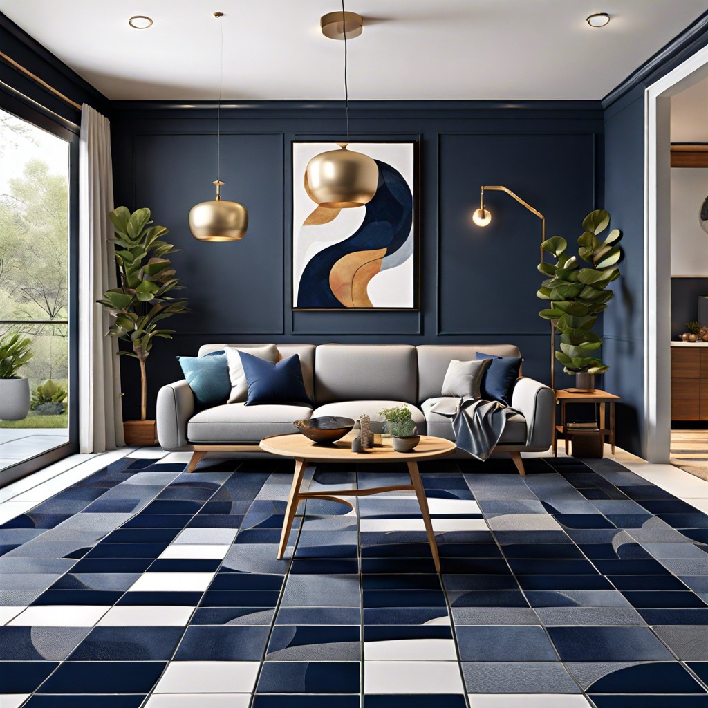 grey tile flooring with navy blue rug