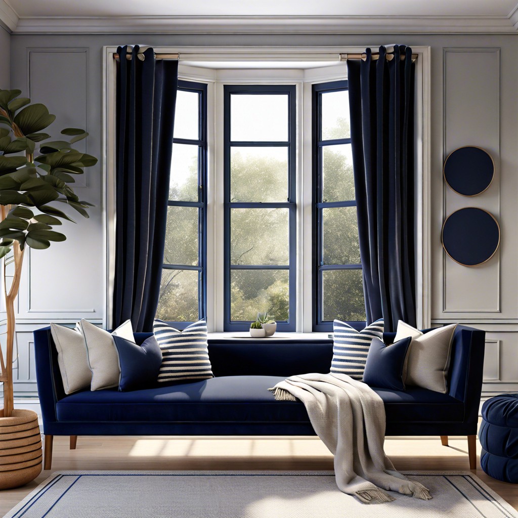 grey window seat with navy blue cushions