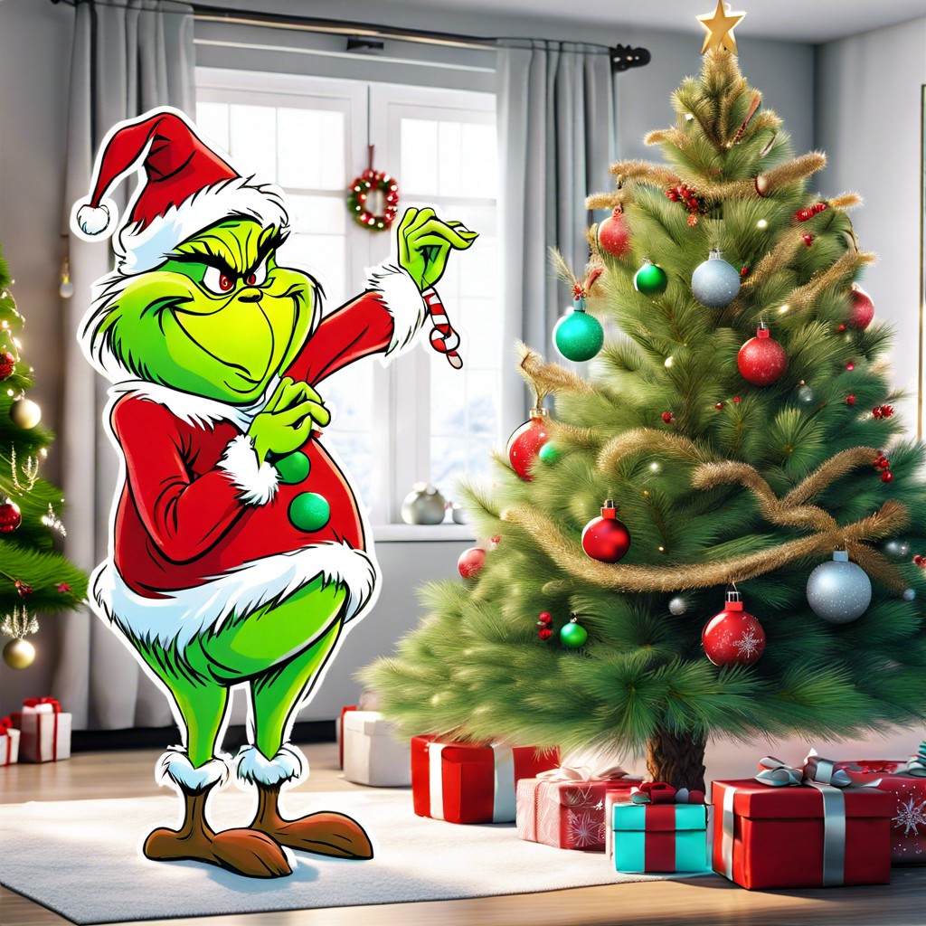 grinch decorating a christmas tree