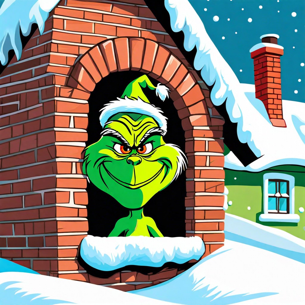 grinch peeking from a chimney