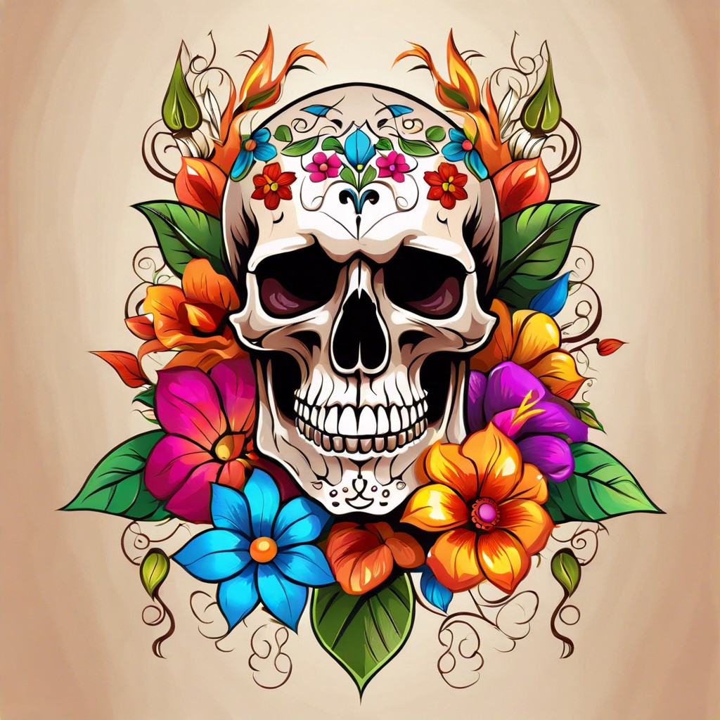 half skull with vibrant florals