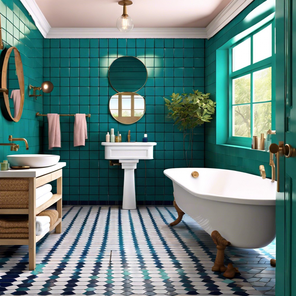 half wall of teal or navy tiles topped with airy pastel paint